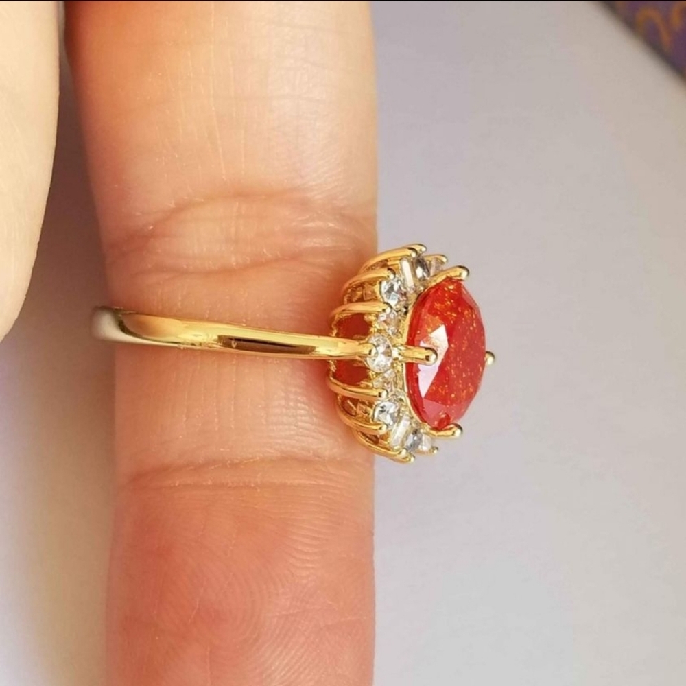 New 18K Gold Plated Round Cut Red Ice Gem Diamond Ring for Women - Picture 7 of 9